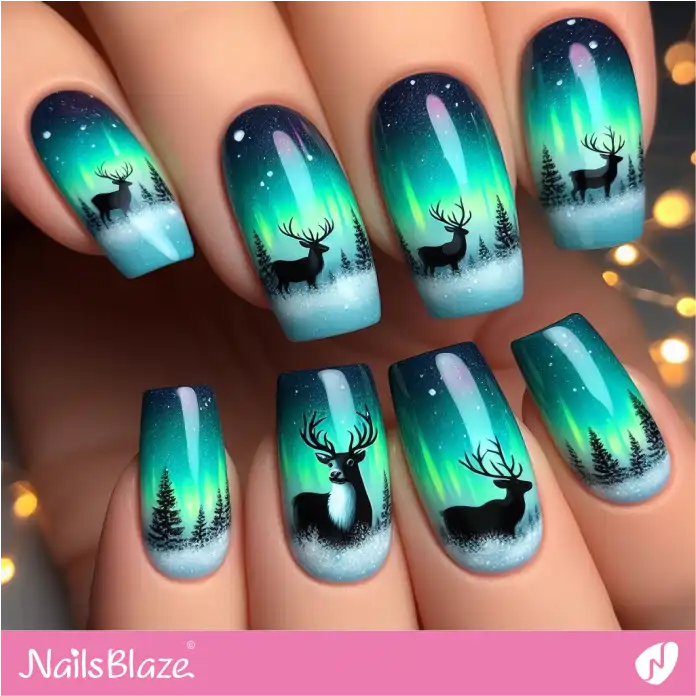 Aurora Nails with Silhouette Reindeer | Polar Wonders Nails - NB3165